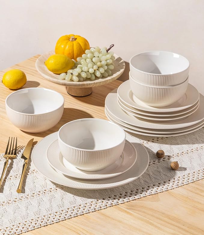 TheTerra Ceramic Dinnerware Sets for 6, 18 Pieces Porcelain Lightweight Plates and Bowls Sets, Scratch Resistant Dish Set, Oven, Microwave & Dishwasher Safe, Cream White