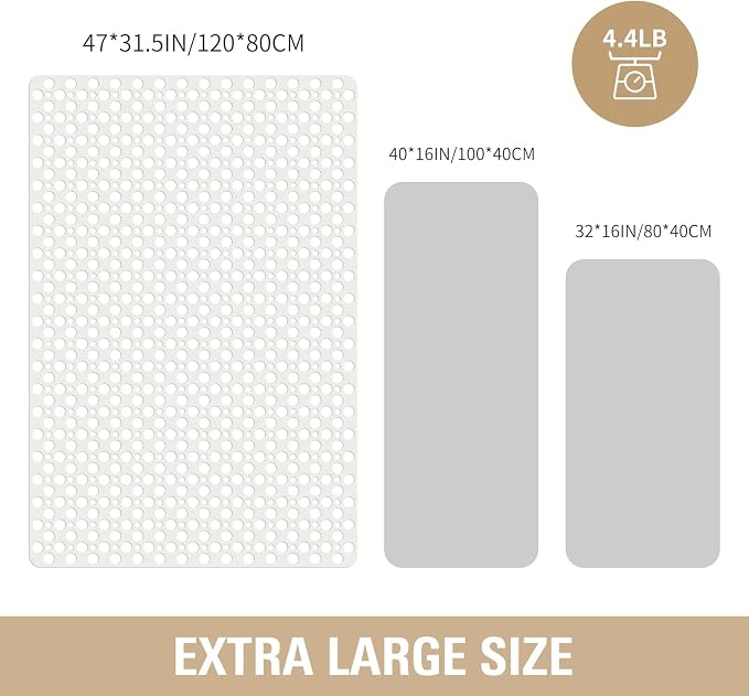 OTHWAY Large Shower Mat, 47"x 32" TPE Anti Slip Shower Mat, Heavy Bath Mats for Shower with Drain Holes Suction Cups, Shower Stall Mat for Bathroom, No Odor Shower Grip Mat for Elderly (W-White)