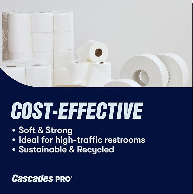 Cascades PRO Select Jumbo Roll Premium Bath Tissue 2-Ply - Suitable for universal dispensers -Toilet Paper is Septic Tank Safe, Certified, Recycled - 1000' length/Roll, 12 Rolls/Box - B140 - White