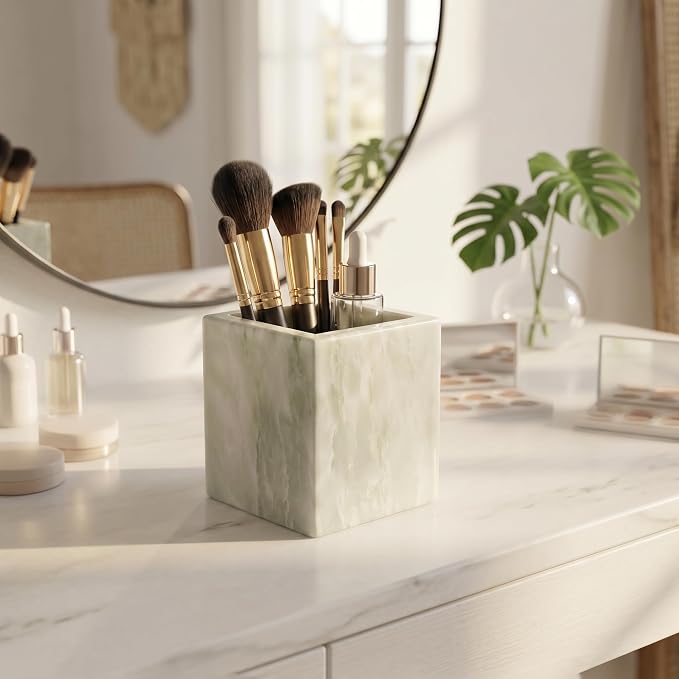 Natural Marble Pen Holder, 2.95" x 3.74" Square Hand-Polished Desk Pencil Cup, Multi-Functional Marble Organizer for Makeup Brushes, Kitchen Utensils, Office, Bathroom, Home Decor