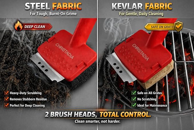 Grill Brush Bristle Free with 2 Replaceable Kevlar & Steel Fiber, Heat-Resistant Steam Grill Cleaner for Outdoor Grill, Ergonomic 18'' Long Dual Handle Safe on Cast Iron & Stainless-Steel Grates