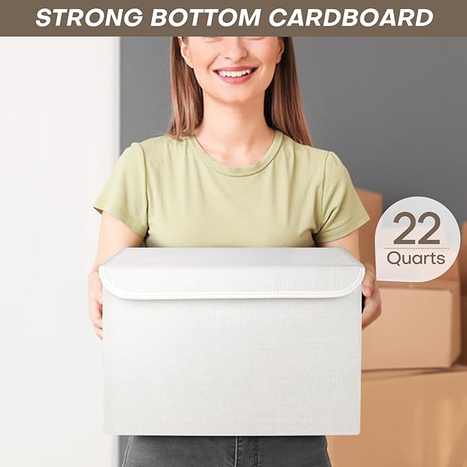 Bagnizer Large 22 Quart Linen Fabric Foldable Storage Bin Cube Organizer Basket with Flip-Top Lid & Handles, Clothes Blanket Box for Home, Office, Closet, White, 4 Pack 14.6 x 9.5 x 9.5”