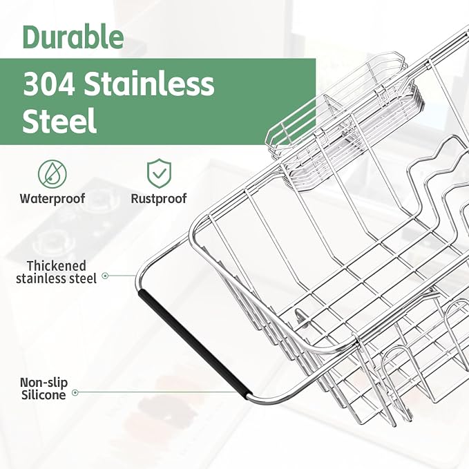 Small Dish Drying Rack in Sink, Extendable Stainless Steel Dish Drainers for Kitchen Counter, Anti-Rust Dish Dryer Rack with Utensil & Cup Holders, for Inside Sink, Over The Sink(for 1-2 People)