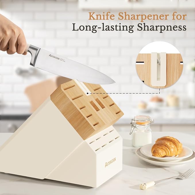 Knife Set,Astercook Kitchen Knife Set with Block 22-Piece Full Tang Stainless Steel Knives with Sharpener Dishwasher Safe and Anti-Slip Ergonomic Handle Elegant Cream White Utensils Set
