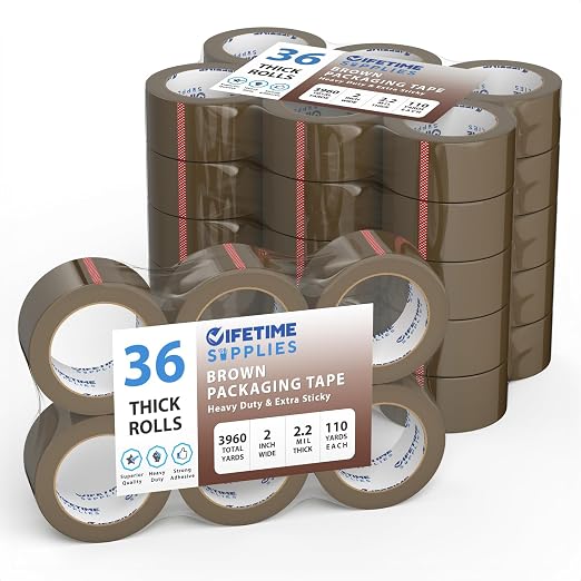 Lifetime Supplies 36 Rolls [Upgraded] 2" Brown Premium Packing Tape, 110 Yards, 2.2 mil, Heavy Duty Packaging Tape for Shipping, Moving, Sealing - Stronger & Thicker