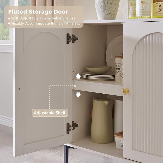 IFGET 34" Tall Modern Arched Sideboard Buffet Cabinet with Storage, White | Fluted Arch Sideboard Cabinet w/Adjustable Shelves, Wooden Modular Kitchen Cabinet for Dining& Living Room, Entryway