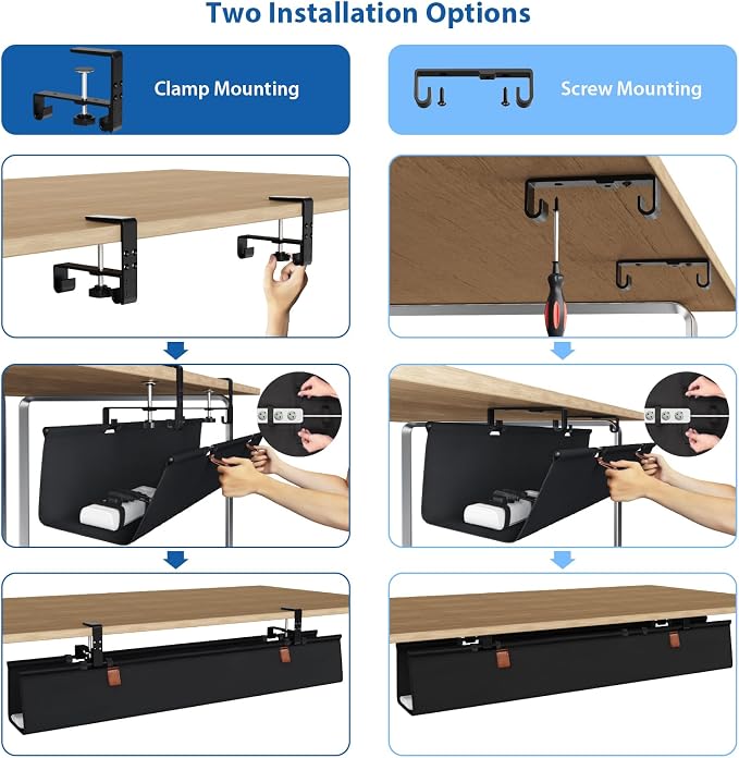 Zilink No Drill Under Desk Cable Management Tray 40" Cord Organizer for Table Clamp/Screw Mount Cable Management Under Desk Waterproof Fabric Cable Management Tray for Office, Home