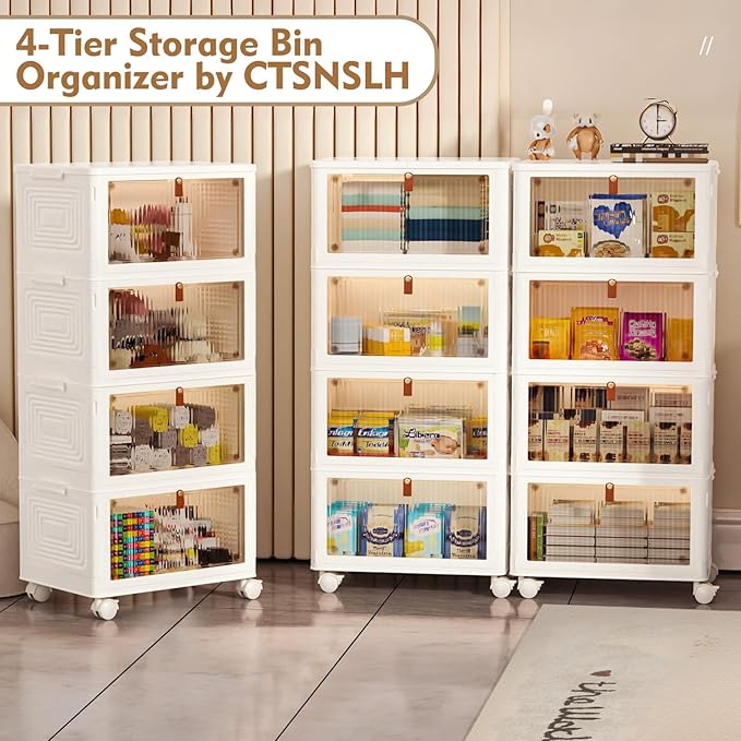 CTSNSLH 4 Tier Plastic Storage Bins with Lid 36QT - Stackable Storage Bins with Wheels, Organizers and Storage, Plastic Storage Cabinet Organization and Storage for Living Room