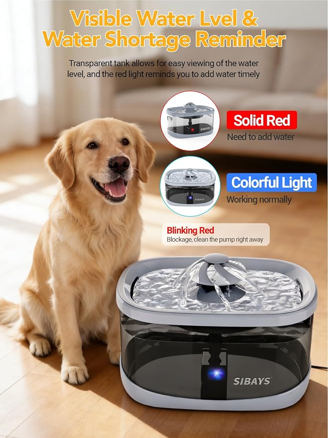 SIBAYS 9.5L Dog Water Fountain for Large Dogs, 2.5Gal Large Capacity Pet Water Fountain with 3 Flow Modes and LED Light, Automatic Ultra Quiet Dog Water Bowl Dispenser, Easy to Clean (FS82, Grey)