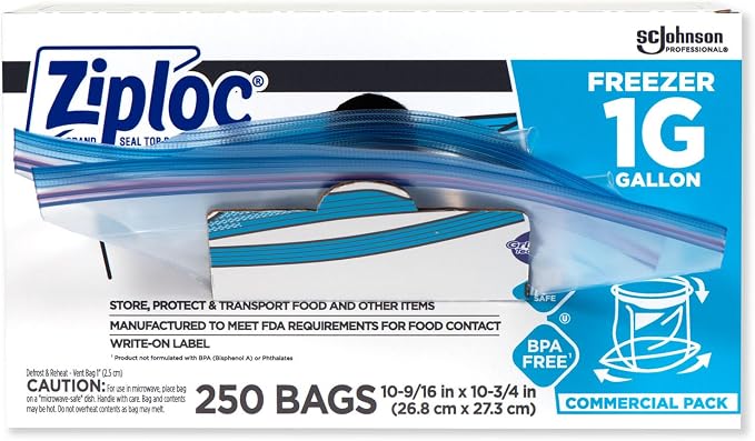 SC Johnson Professional Ziploc Brand Food Storage Freezer Bags, 1 Gallon Freezer Bags, Ziploc Brand Bags, Commercial Pack, 250 Count Box, for Professional Use Only