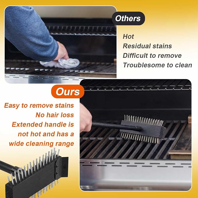 2 Pcs Black Stainless Steel Grill Brush Grill Scraper with 30'' Long Wooden Handle for Commercial Cleaning Kitchens Restaurants Bathrooms