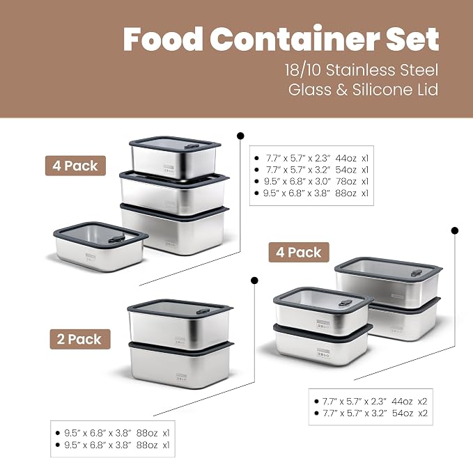 Stainless Steel Food Containers with Glass Lids, 4-Piece Airtight Food Storage Set, Rectangular, Stackable, Microwave and Dishwasher Safe, 44, 54, 78 and 88 oz, Silver Gray