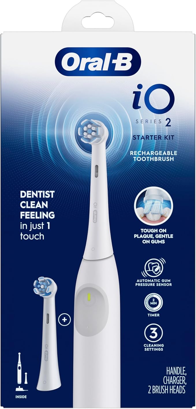 Oral-B Rechargeable Electric Toothbrush, iO2 Starter Kit, 3 Cleaning Modes, Automatic Pressure Sensor to Protect Gums, 2 Brush Heads, Pure White (Pack of 3)