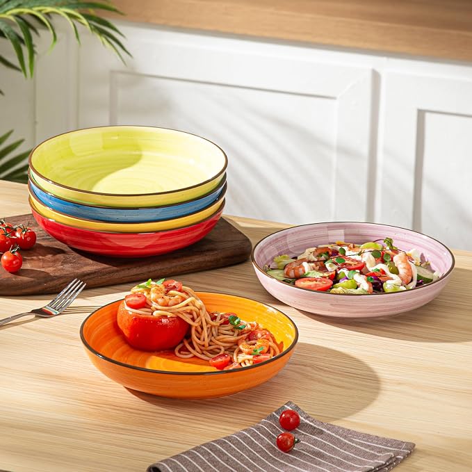 Y YHY Pasta Bowls Set of 6, 30 oz Ceramic Shallow Bowls, Serving Bowls Pasta Plates and Salad Bowls, Microwave & Dishwasher Safe Soup Bowls, Assorted Colors Christmas Day Gift