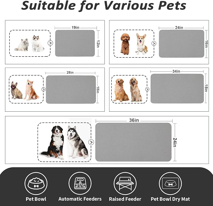 HotLive Dog Food Mat - Absorbent Cat Mat for Food and Water, No Stains Pet Feeding Bowl Mat, Easy to Clean Pet Placemats, Quick Dry Dog Water Dispenser Mat for Messy Drinkers | Grey 12"x 19"