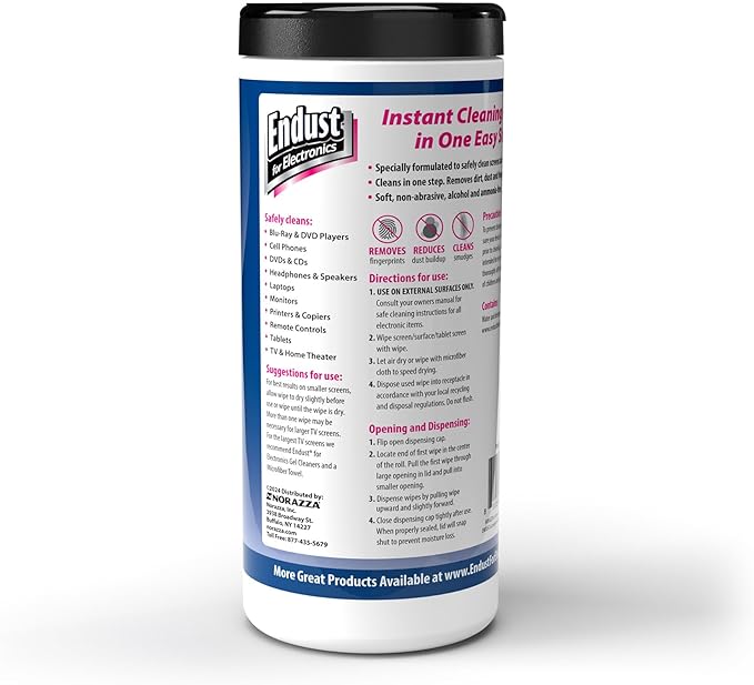 Endust For Electronics; Screen & Surface Cleaning Wipes, For TV, Phone, Computer Monitor, Laptop, Tablet, Pre-Moistened, Alcohol and Ammonia Free, 70 Count, 6 Pack (11506P6)