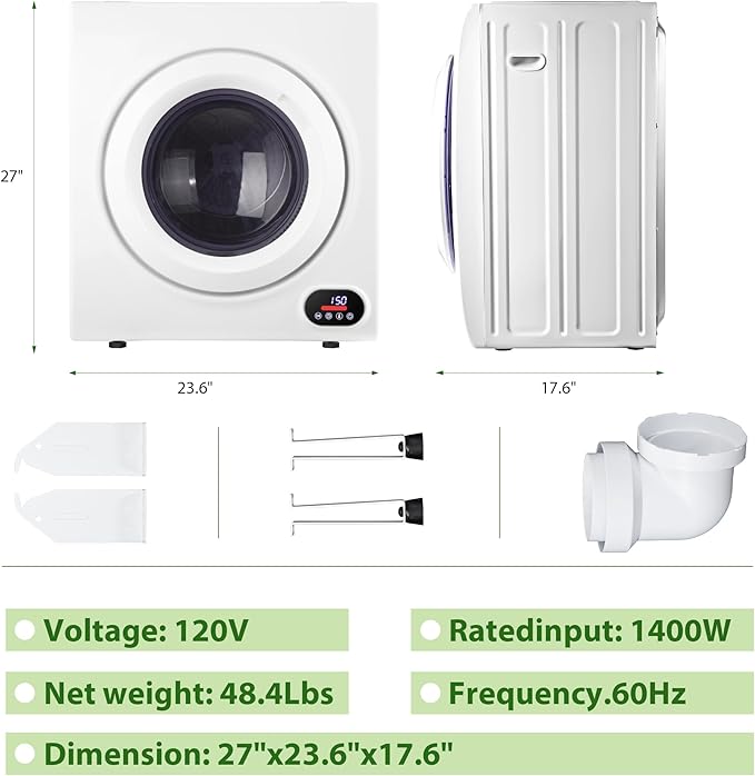 Euhomy Compact Laundry Dryer, 2.65 cu ft Front Load Stainless Steel Clothes Dryers With Exhaust Pipe, 1400W, LCD Control Panel Four-Function Portable Dryer For Apartments, Home, Dorm, White