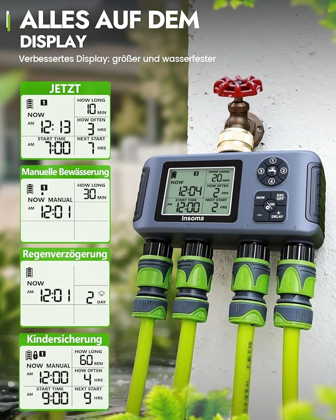 Insoma 4-Zone Water Timer with Brass Inlet, Automatic Garden Hose Timer with Manual/Rain Delay & Large Display, IPX5 Waterproof Faucet Timers for Sprinkler System, Yard, Lawn, Greenhouse