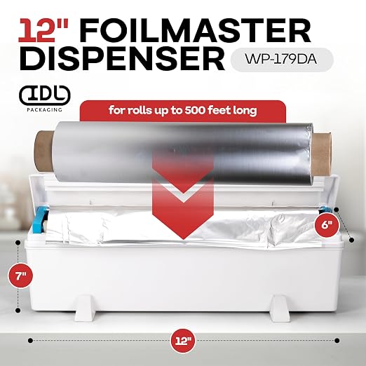 IDL Packaging WP-179DA 12" FoilMaster Dispenser for Aluminum Foil Roll, White – Professional Dispenser with Cutter for Foil Wrap – Hidden Blade, Smooth and Safe Cutting