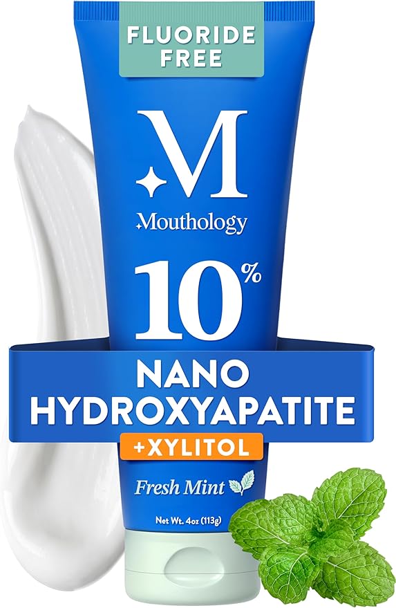 Mouthology 10% Nano Hydroxyapatite Toothpaste Fluoride Free, Whitening*, Rod Shaped nHA, Xylitol Toothpaste for Adults, Enamel Care*, Sensitive Teeth*, SLS Free, Mint 4oz (USA Made) Package May Vary