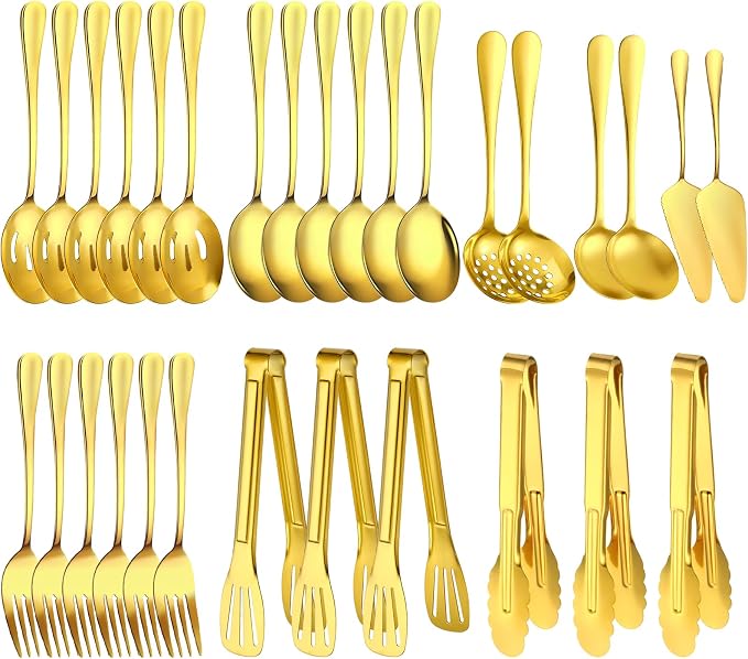 30 Piece Stainless Steel Serving Utensils Set - Buffet Serving Spoons Forks Tongs for BBQ, Parties, Catering, Weddings, Events - Gold