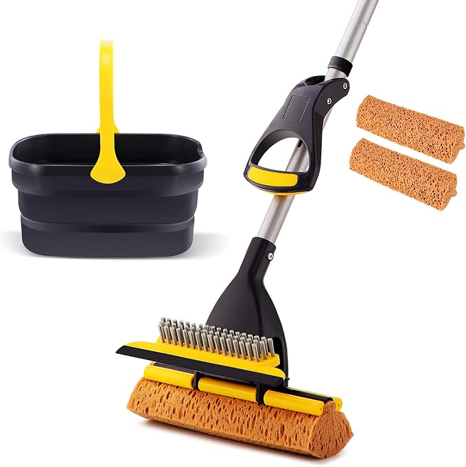 Yocada Collapsible Plastic Bucket Mop Bucket and Sponge Mop Kit Home Commercial Tile Floor Bathroom Garage Cleaning with Total 2 Sponge Heads Telescopic 42.5-52 Inches Easily Dry Wringing Yellow