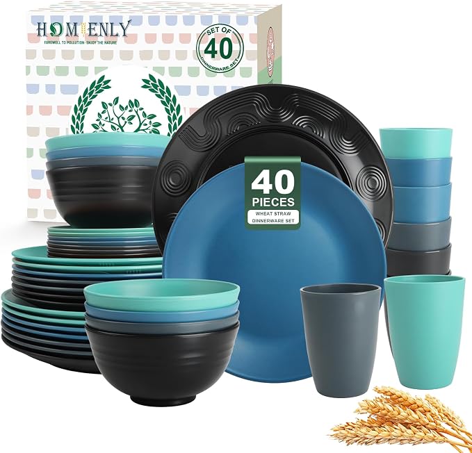 Homienly 40 PCS Premium Wheat Straw Dinnerware Sets, Reusable Unbreakable Plates and Bowls Set, Cups Sets, Service for 8, Microwave and Dishwasher Safe Dishes Set for Party, Outdoor (Nightscape)