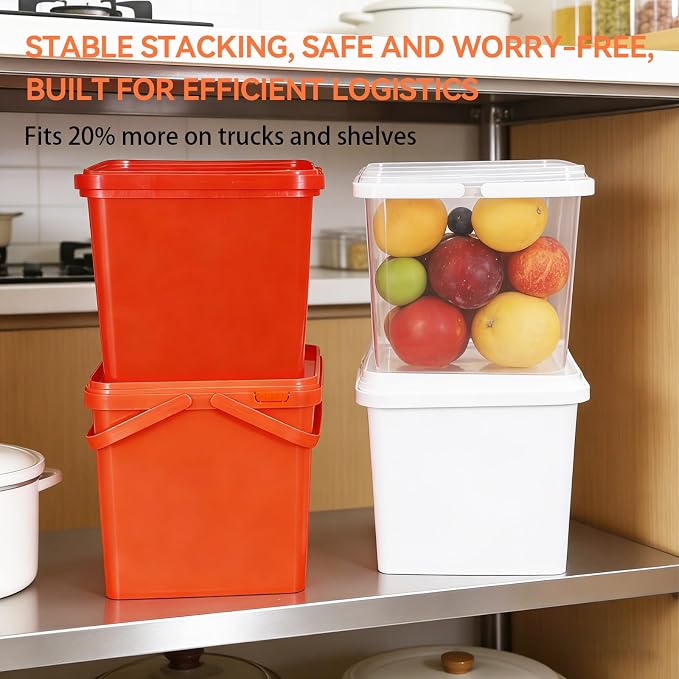 Bucket with Lid - 4 Packs Square Clear Plastic Storage Containers, Food Safe with Handle, Airtight Pressure Lids for Kitchen & Home (Mixed Colors, 1.3 gal)