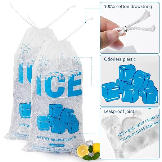 100 PACK 10 lb. Drawstring Ice Bags 12 x 21 Inch Heavy-Duty | Plastic Ice Bags with Cotton Drawstring (2mil Thickness, Design of The Ice Pattern)