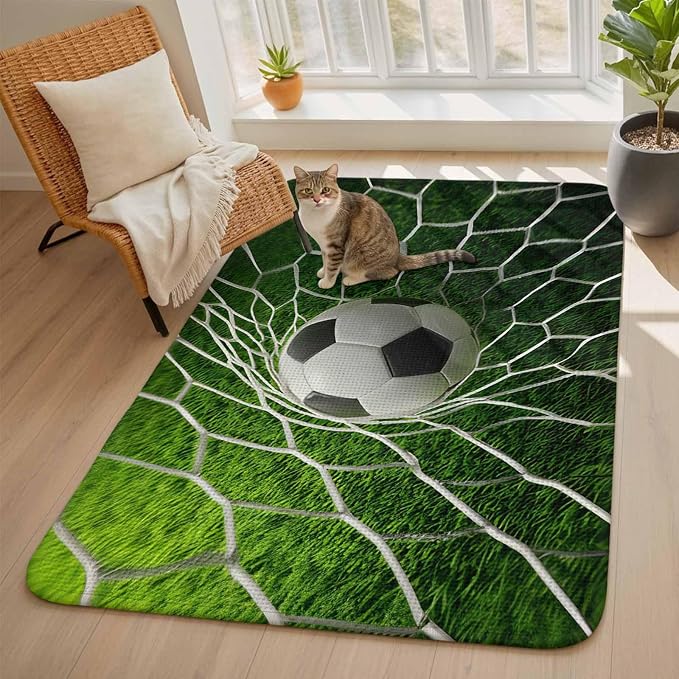 Soccer Washable Area Rugs for Living Room Bedroom, Large Non Slip Indoor Floor Carpet Absorbent Low Pile Goal Net Competitive Green Grass Athletic Door Mat Rugs for Bathroom Entryway 63"x90.6"