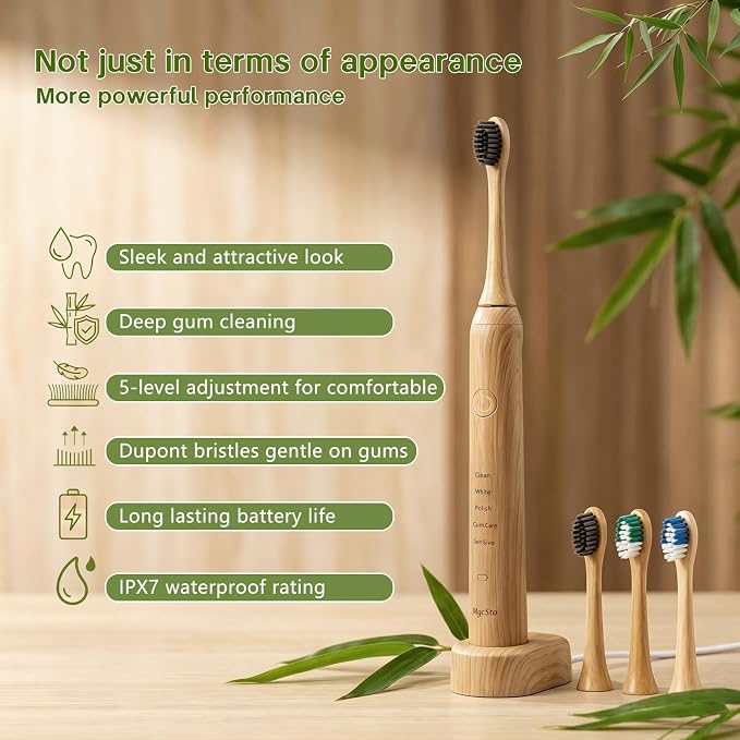 Natural Bamboo Electric Toothbrush for Adults | 4 Pack Bamboo Replacement Brush Heads, 5 Cleaning Modes, Long-Lasting Battery, PX7 Waterproof, Rechargeable
