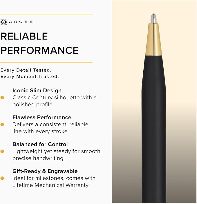 Cross Classic Century Classic Black Ballpoint Pen - Refillable Pen for Effortless Writing - Black Ink - Durable Construction - Premier Distinctive Look - Gift-Ready