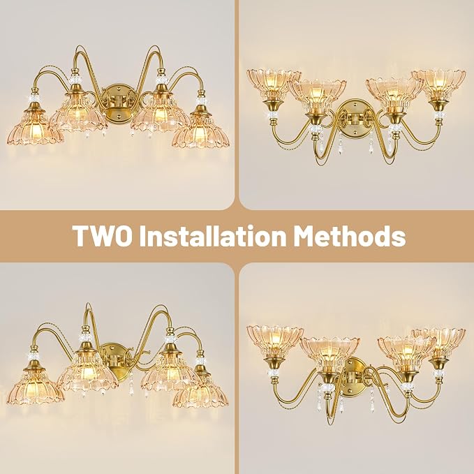 Vintage Bathroom Vanity Light, 4-Light Brushed Gold Finish Wall Sconce with Hanging Crystal Accents and Flower-Shaped Amber Glass Shades, Retro Wall Mount Vanity Light Over Mirror for Bathroom