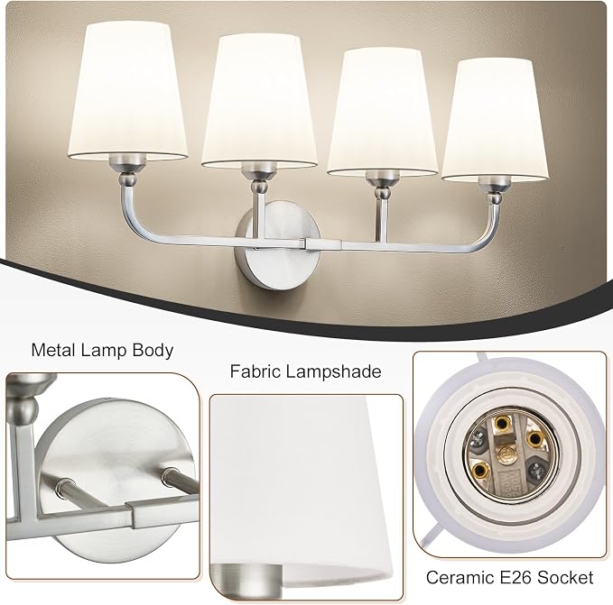 Bathroom Vanity Light, Brushed Nickel Bathroom Light Fixtures, 4-Light Lighting Fixtures Over Mirror, Modern Wall Sconce with Flared White Fabric Shade, E26 Socket(ETL Listed)