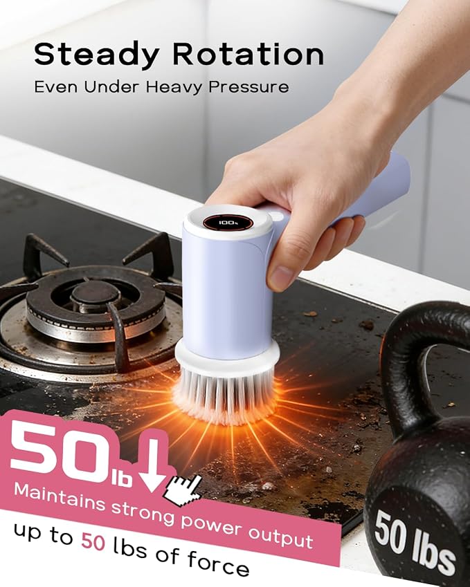 PUFTEM Shower Scrubber, Electric Spin Scrubber for Bathroom Cleaning – Cordless Shower Cleaner Brush with 6 Brush Heads, Dual-Direction Rotation, for Grout, Tile, Tub, Sink & Corners, Purple