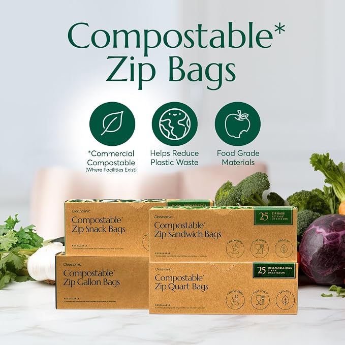 Cleanomic Compostable Zip Sandwich Bags - Leak Resistant, Gallon, Quart, Sandwich, Snack - 125 Count