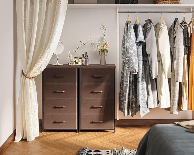 AODK Small Dresser for Bedroom with 4 Storage Drawers, Brown | Dressers Chest of Drawers Fabric Dresser with Sturdy Steel Frame, Dressers for Closet with Wood Top