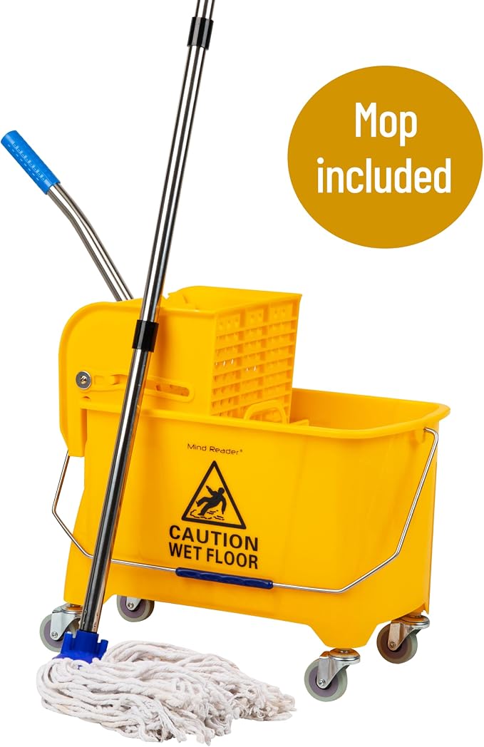 Mind Reader Mop and Bucket Set with Wringer, Mop Included, 5.5 Gallon Cleaning System with Wheels, Upward Press Wringer, Small Mop Compatible
