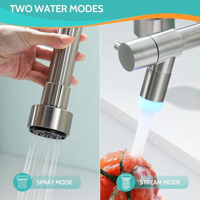 Kicimpro LED Kitchen Faucet with Pull Down Sprayer, Brushed Nickel Faucet for Kitchen Sink, Single Handle High Arc 304 Stainless Steel LED Commercial Bar Kitchen Sink Faucet for 1 Hole Or 3 Hole