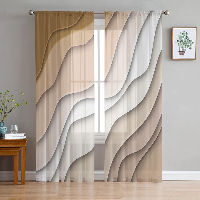 Geometric Sheer Curtain 96 Inch Rod Pocket Ombre Cream Beige Living Room Bedroom Kitchen Cafe Window Curtains & Drapes,Modern Abstract Ocean Beach Seawaves Chiffon Tulle Curtains,Brown White 104"x96"