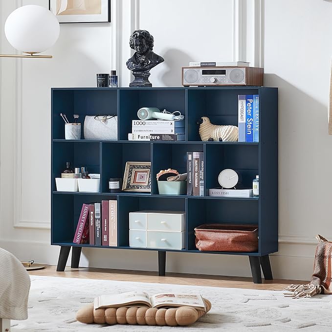 LEYAOYAO 10 Cube Bookshelf,Mid-Century Modern Bookcase with Legs,Dark Blue | 3 Tier Book Shelf, 55" Wide Rustic Wood Bookshelves Large Storage Organizer, Open Shelves for Bedroom, Living Room, Office