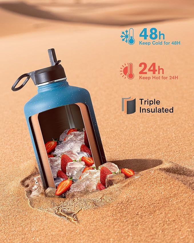 Coolflask 64 oz Water Bottle Insulated with Straw&3 Lids, Half Gallon Water Jug Galaxy Large Metal Stainless Steel Vacuum Flask for Gym, Sports and Travel, Keep Cold 48H Hot 24H,Turquoise