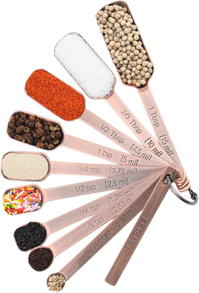 Measuring Cups and Spoons Set, Copper Plated Measuring Cups Spoons, Stainless Steel 7 Measuring cups and 9 Measuring Spoons 1 Leveler for Baking and Kitchen, Metal Copper Measure Cups&Spoons