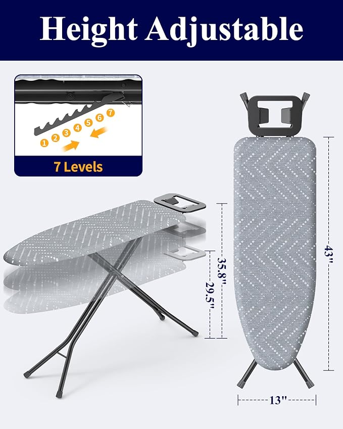 Kitsure Folding Ironing Board - Height Adjustable Iron Board in Full Size, Wobble-Free & Heavy-Duty Ironing Board with Cover and Pad for Heat Resistance, Grey, 43" L x 13" W x 35.8" H