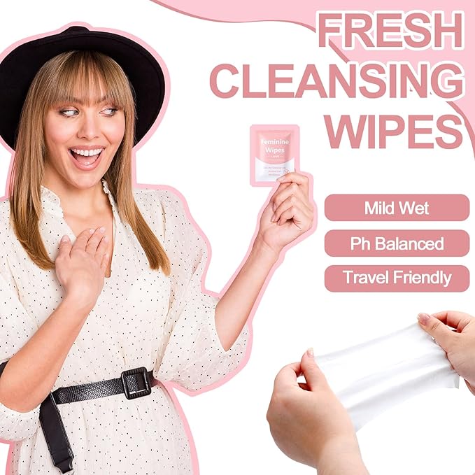 300 Pieces Bulk Feminine Wipes Individually Wrapped Travel Size Women Unscented Intimate Period Cleansing Wipes Deodorant Feminine Products Care Kits Private Parts Ph Balanced(Pink)