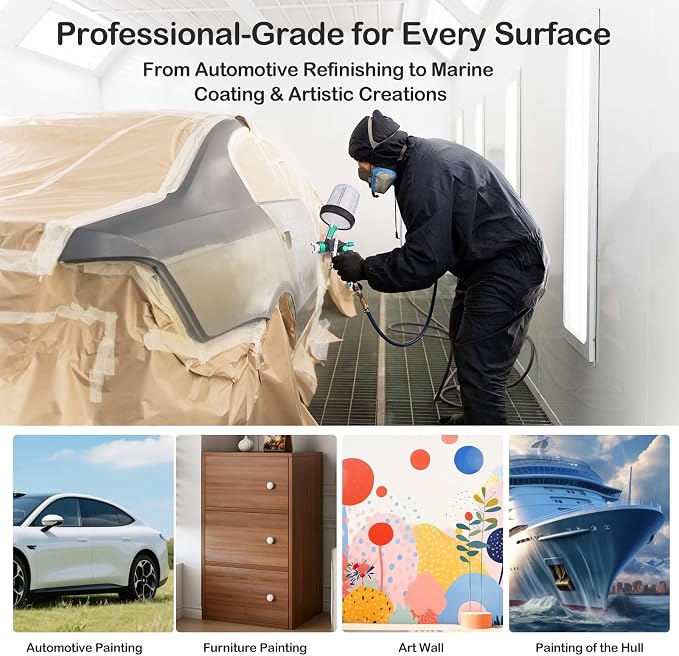 HVLP Air Spray Gun Kit Includes 10 Disposable 650ml Paint Cups with 1.4/1.7/2.0mm Nozzles. The Automotive Paint Spray Gun can be Used for Primer, Clear Topcoat Application (Green)
