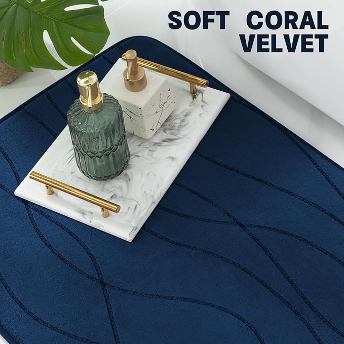 YIHOUSE Bathroom Rugs Set 2 Piece, Memory Foam Bath Mat Navy Blue | 17x24& 20x32, Ultra Soft, Absorbent, Non-Slip, Machine Washable, for Bathroom, Sink and Toilet
