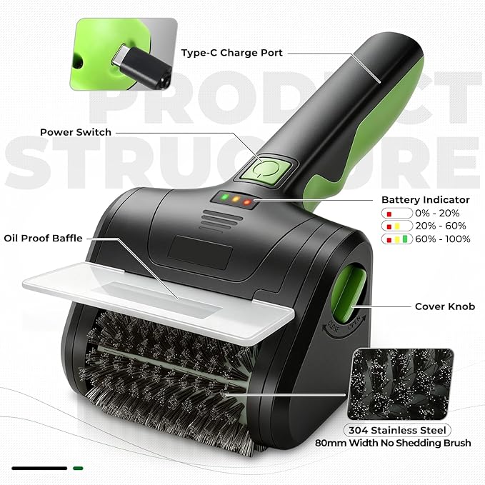 Auto Dynasty Cordless Electric Grill Brush, 304 Stainless Steel BBQ Brush with Rotating Scrub Head, Rechargeable, Type-C Fast Charging for Gas/Charcoal/Outdoor Grill, Green/Black