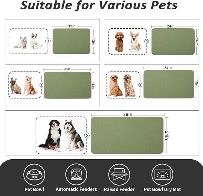 HotLive Dog Food Mat - Absorbent Cat Mat for Food and Water, No Stains Pet Feeding Bowl Mat, Easy to Clean Pet Placemats, Quick Dry Dog Water Dispenser Mat for Messy Drinkers | Green 12"x 19"