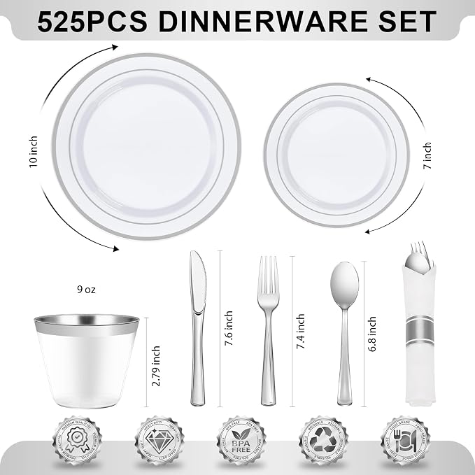 BESTVIP 525PCS Silver Plastic Dinnerware Set for 75 Guests, Disposable Plates for Party, Include: 150 Plastic Plates, 75 Pre Rolled Napkins with Silver Silverware, 75 Cups for Christmas